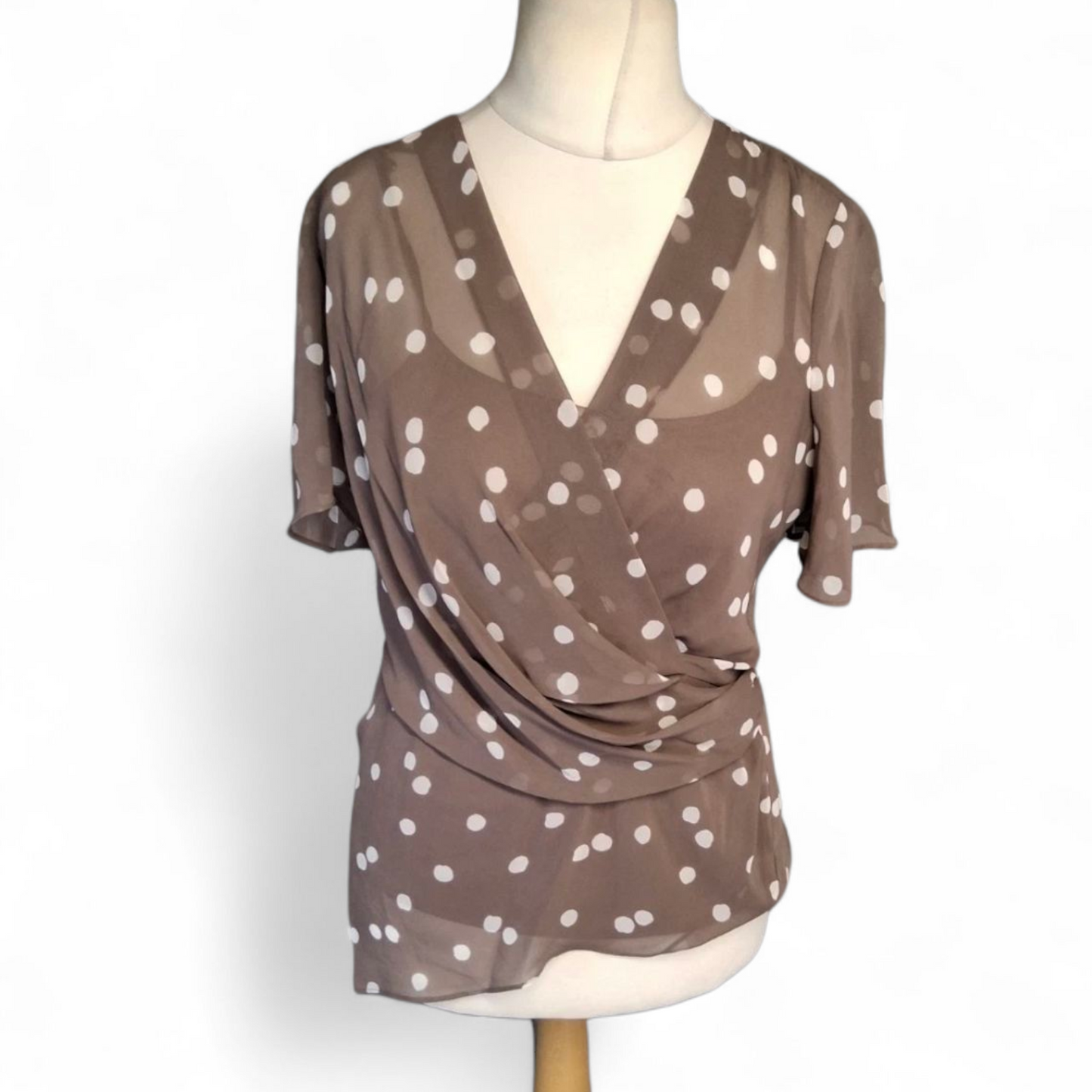 Jacques Vert Brown Polka Dot Sheer Layered Top – Size 8 – NWT RRP £69