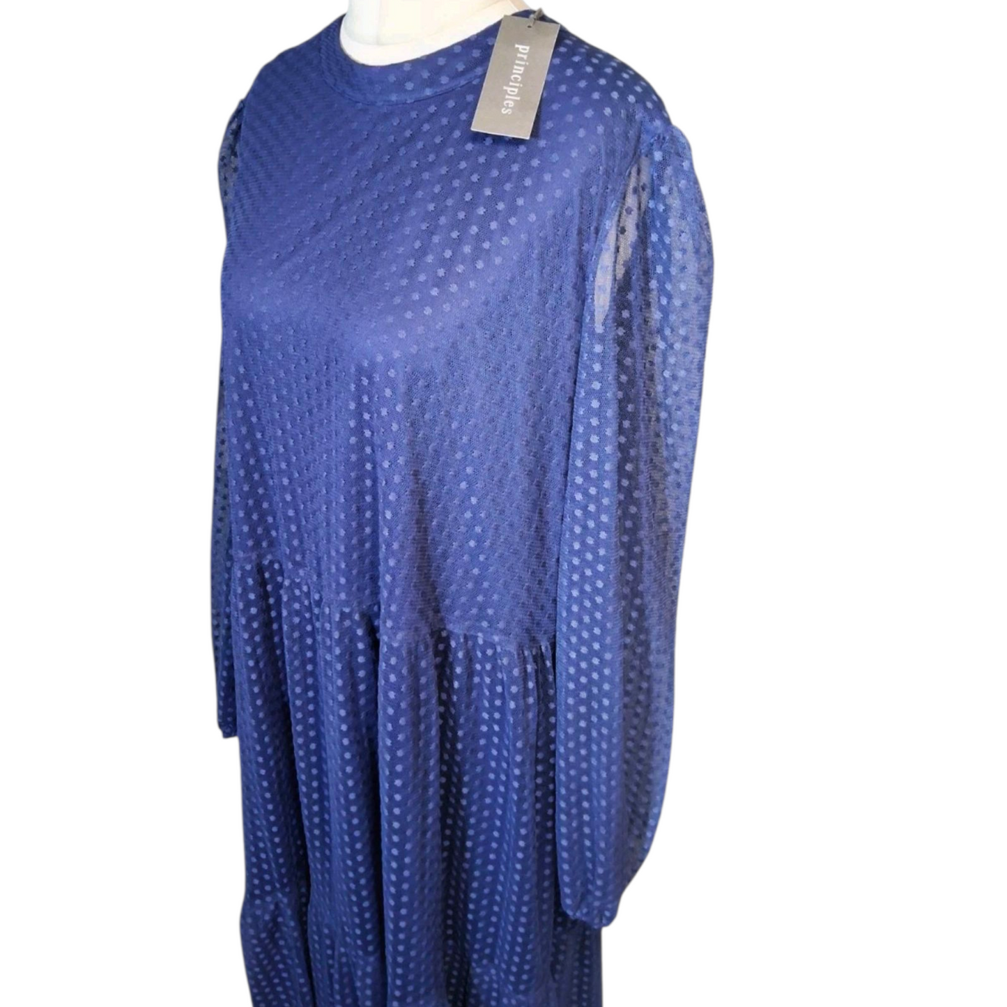 Principles Blue Embossed Polka Dot Tiered Midi Dress – UK 22 – NWT