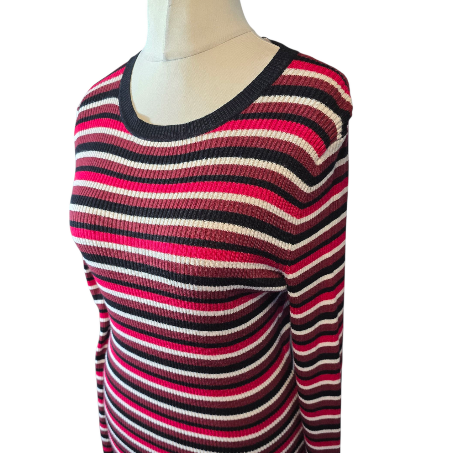 Primark Red, Black, White & Brown Striped Midi Bodycon Jumper Dress – Size M (size 10/12)