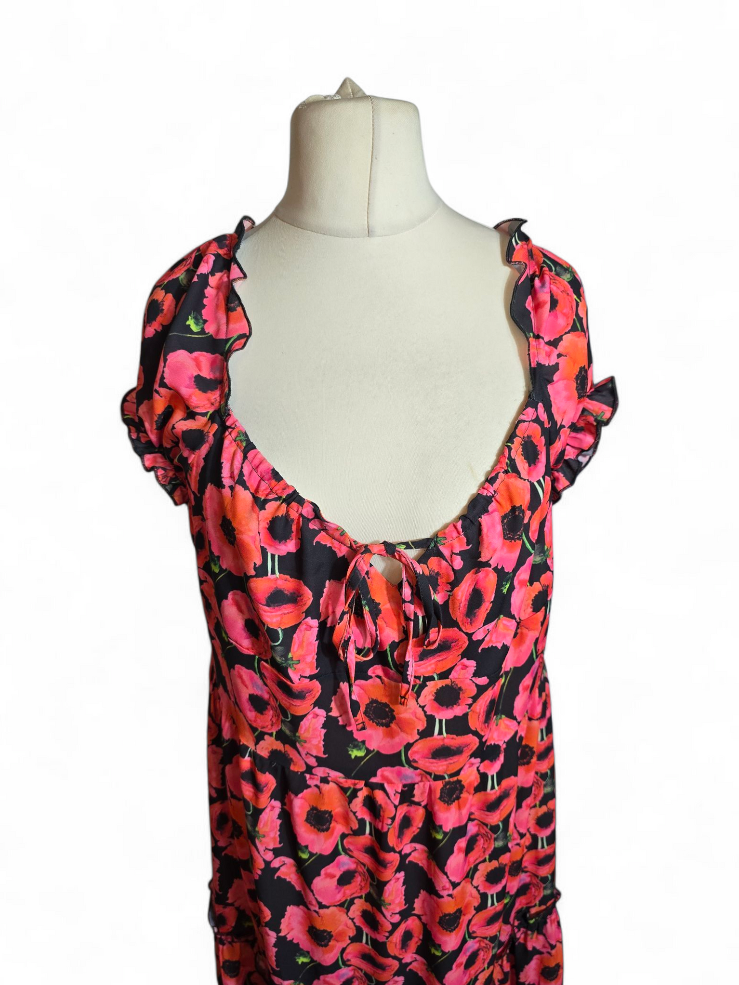Boohoo Black & Pink Floral Midi Dress | Size 18 UK | Frill Detail, NWT, Zip Back