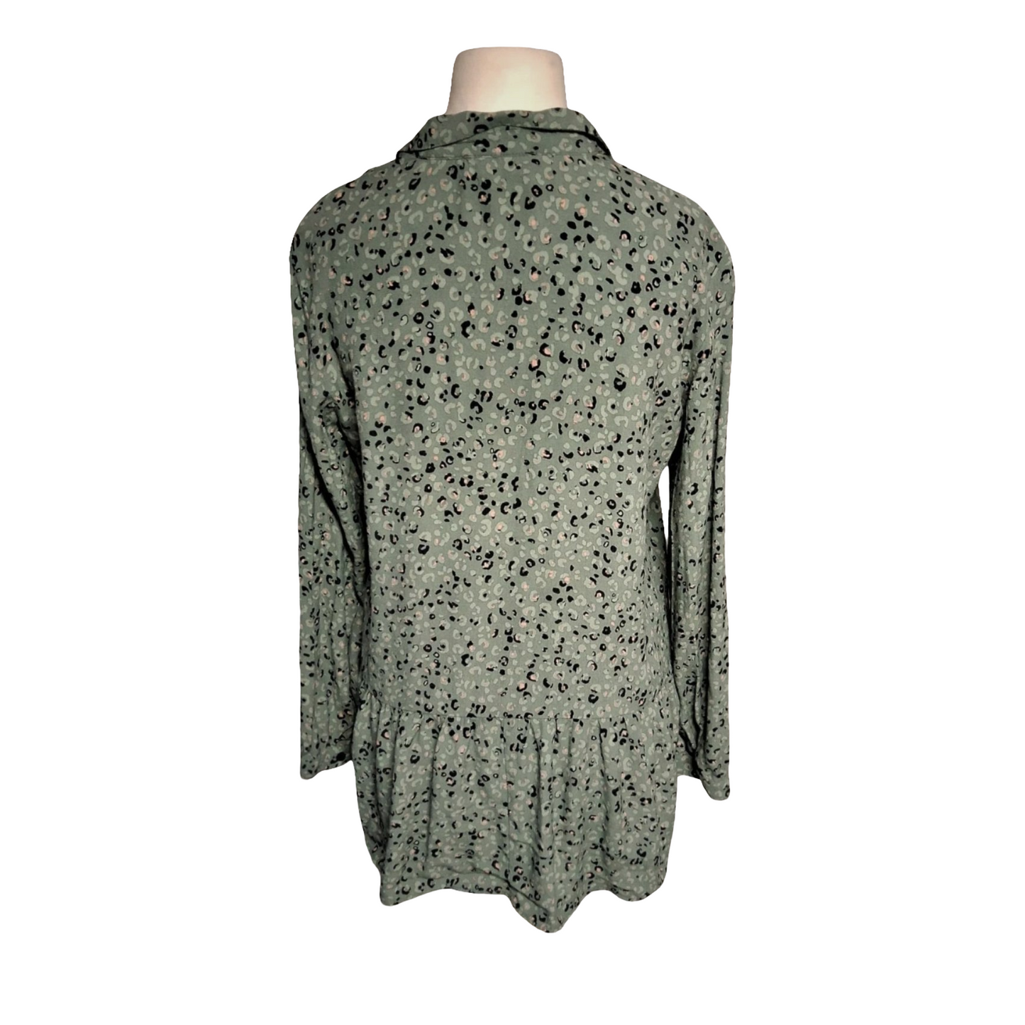Reserved YFL Khaki Green Animal Print Shirt – Frill Hem – Size 12 – Button Front