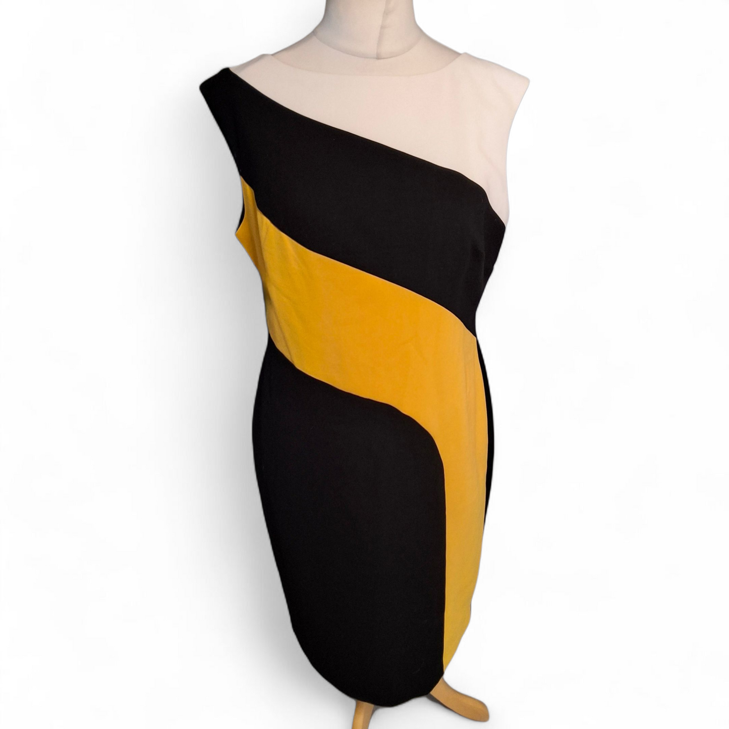 Marks & Spencer Black Yellow White Colour Block Midi Shift Dress – Size 14R