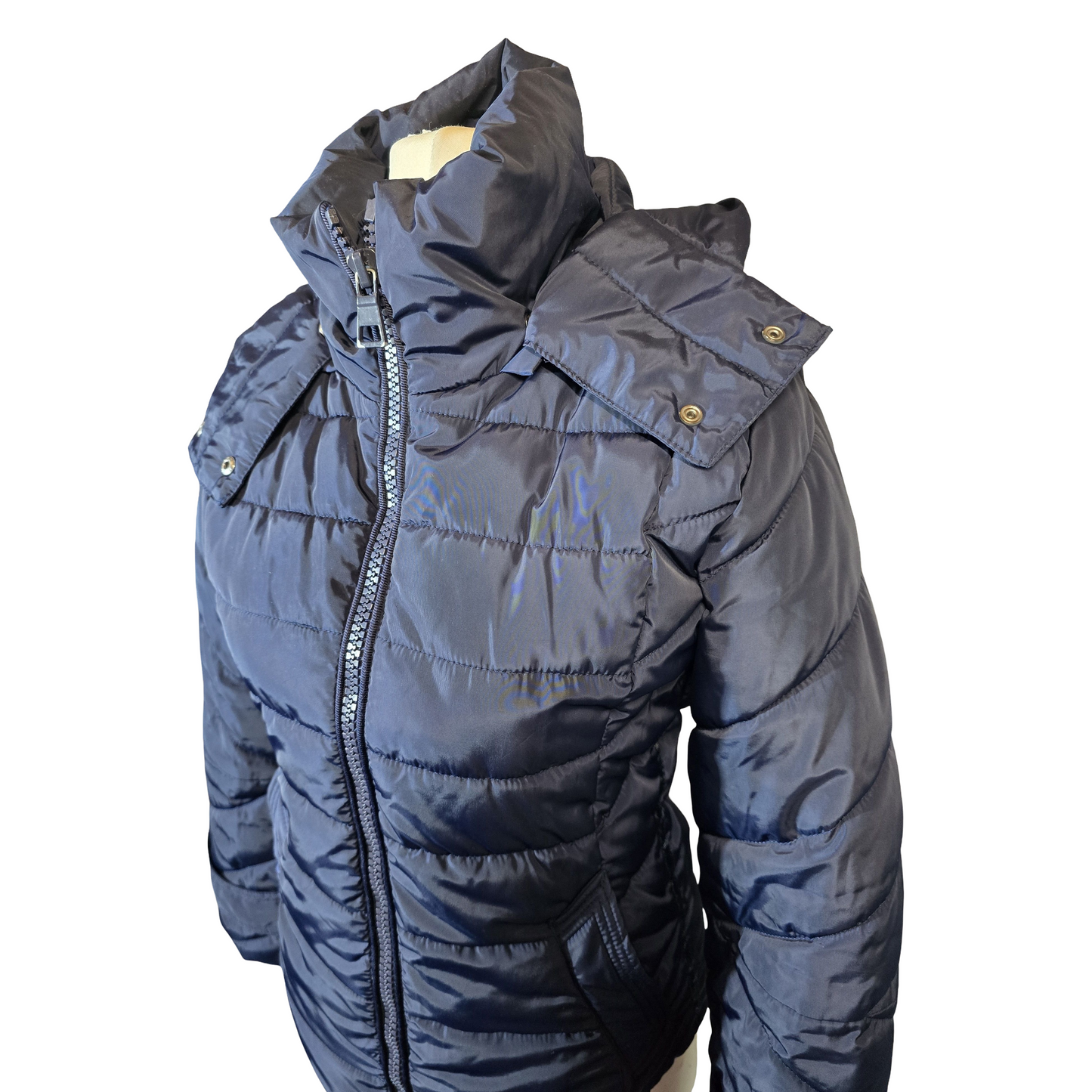 Next Petite Navy Puffer Coat – Size 6 – Detachable Hood & Fleece Pockets