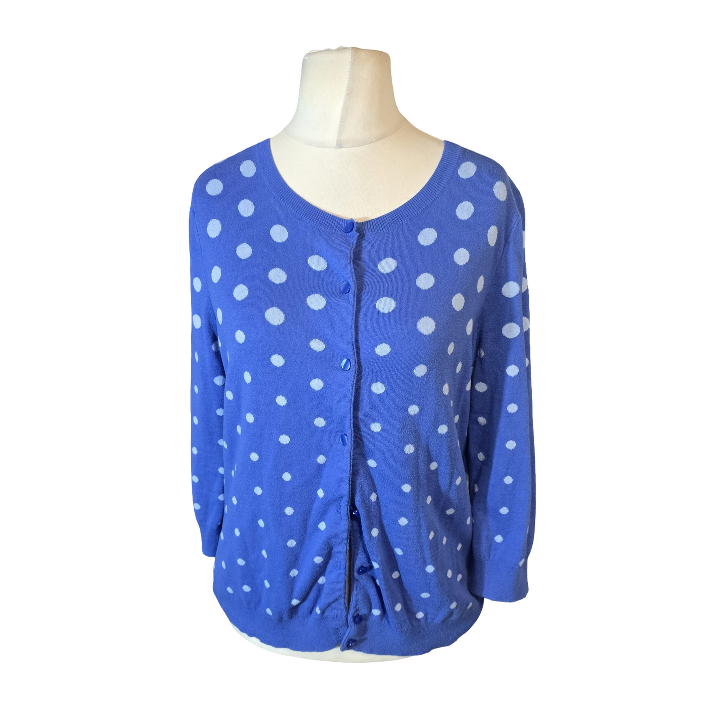 Talbots Blue Polka Dot Cotton Cardigan – Size L (12/14) – Button Up 3/4 Sleeve Knit