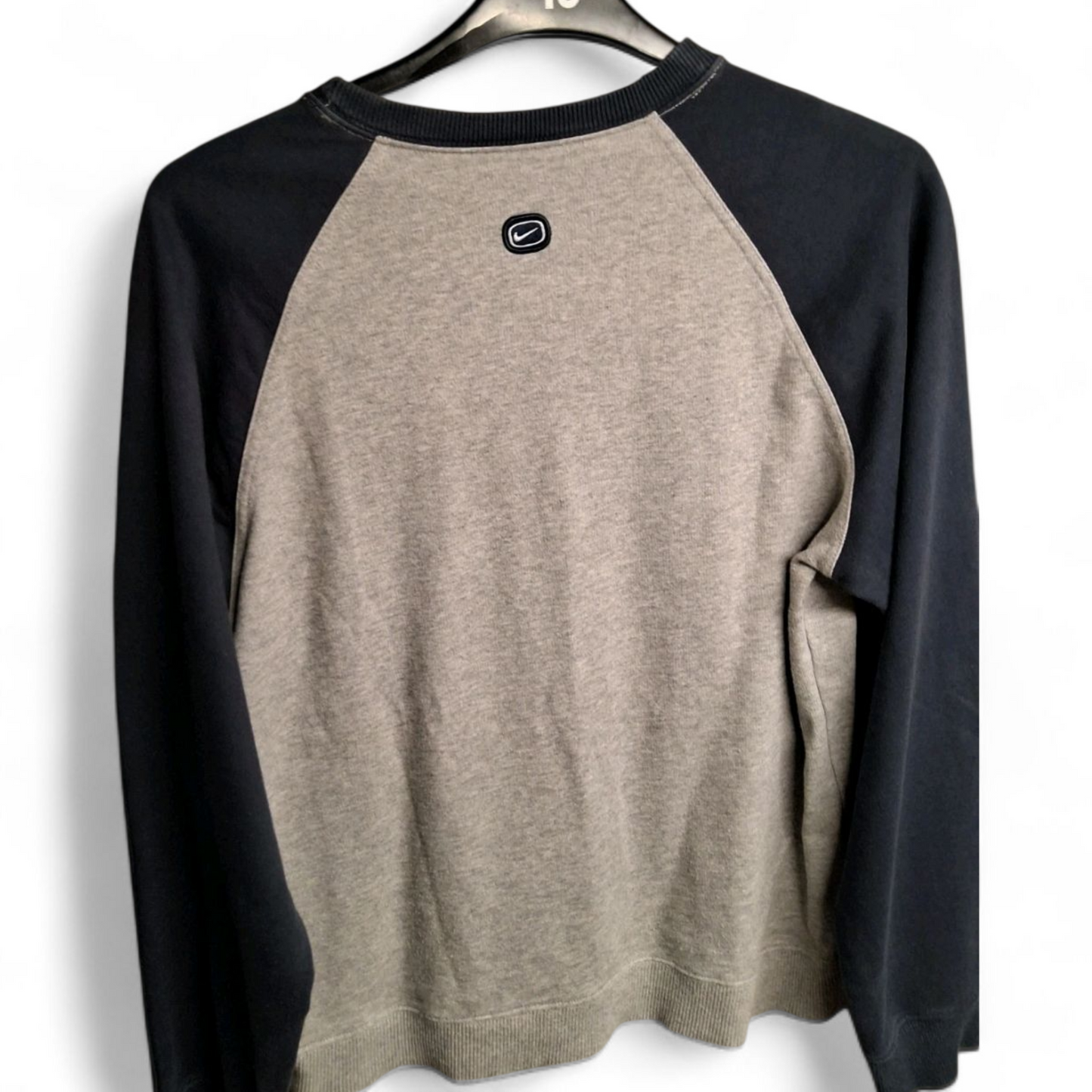 Men's Y2K Nike Grey & Navy Sweater – Small, Long Sleeve, Crew Neck, Logo Front, Sporty Retro Fit