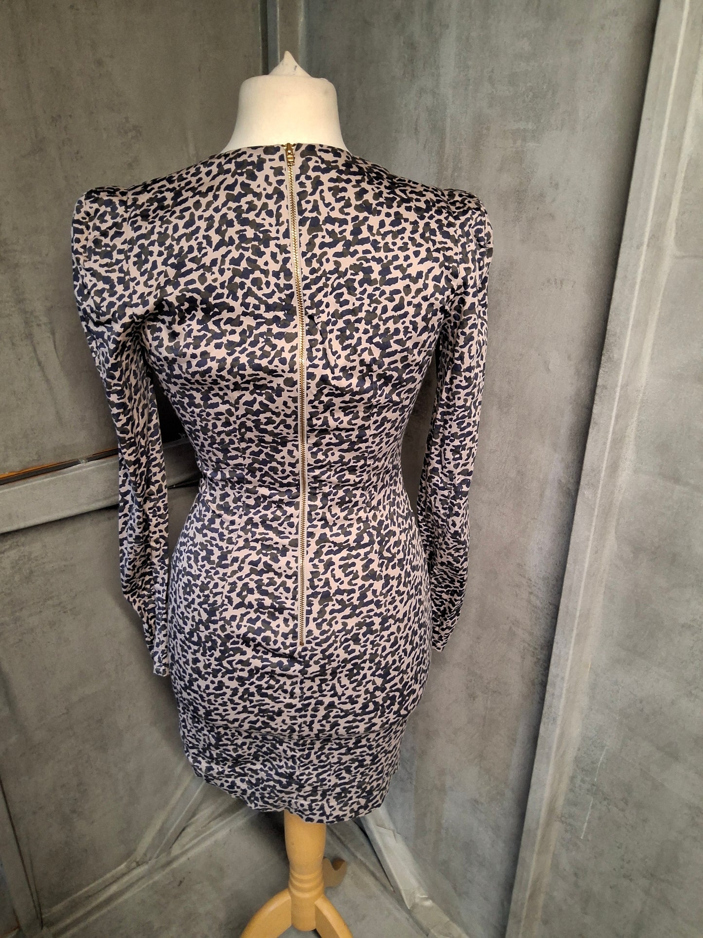 French Connection Navy & Beige Animal Print Bodycon Mini Dress – Size 10