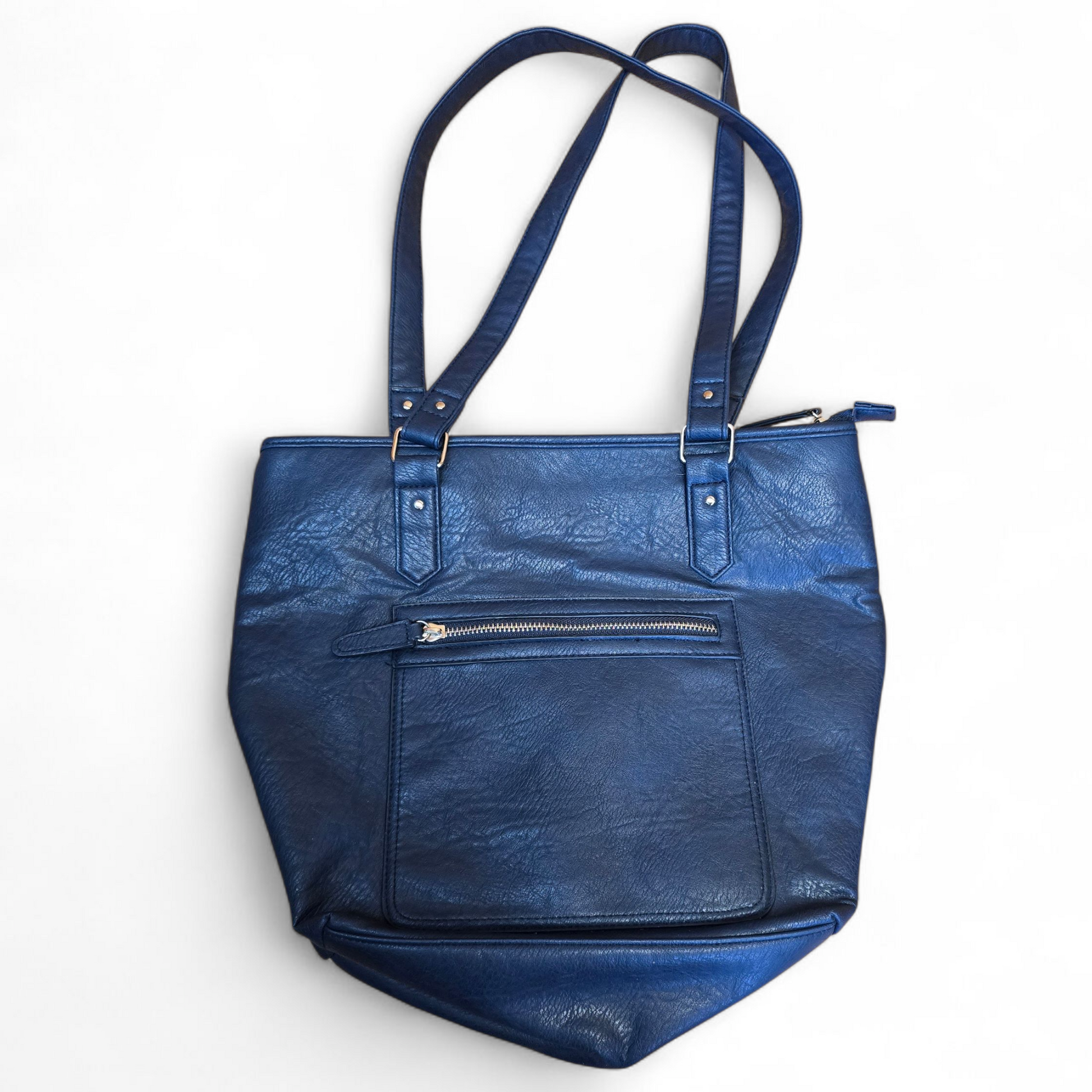 Navy Blue Faux Leather Shoulder Bag | Medium Size | Zip Closure | Everyday Tote | Isle