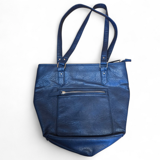 Navy Blue Faux Leather Shoulder Bag | Medium Size | Zip Closure | Everyday Tote | Isle
