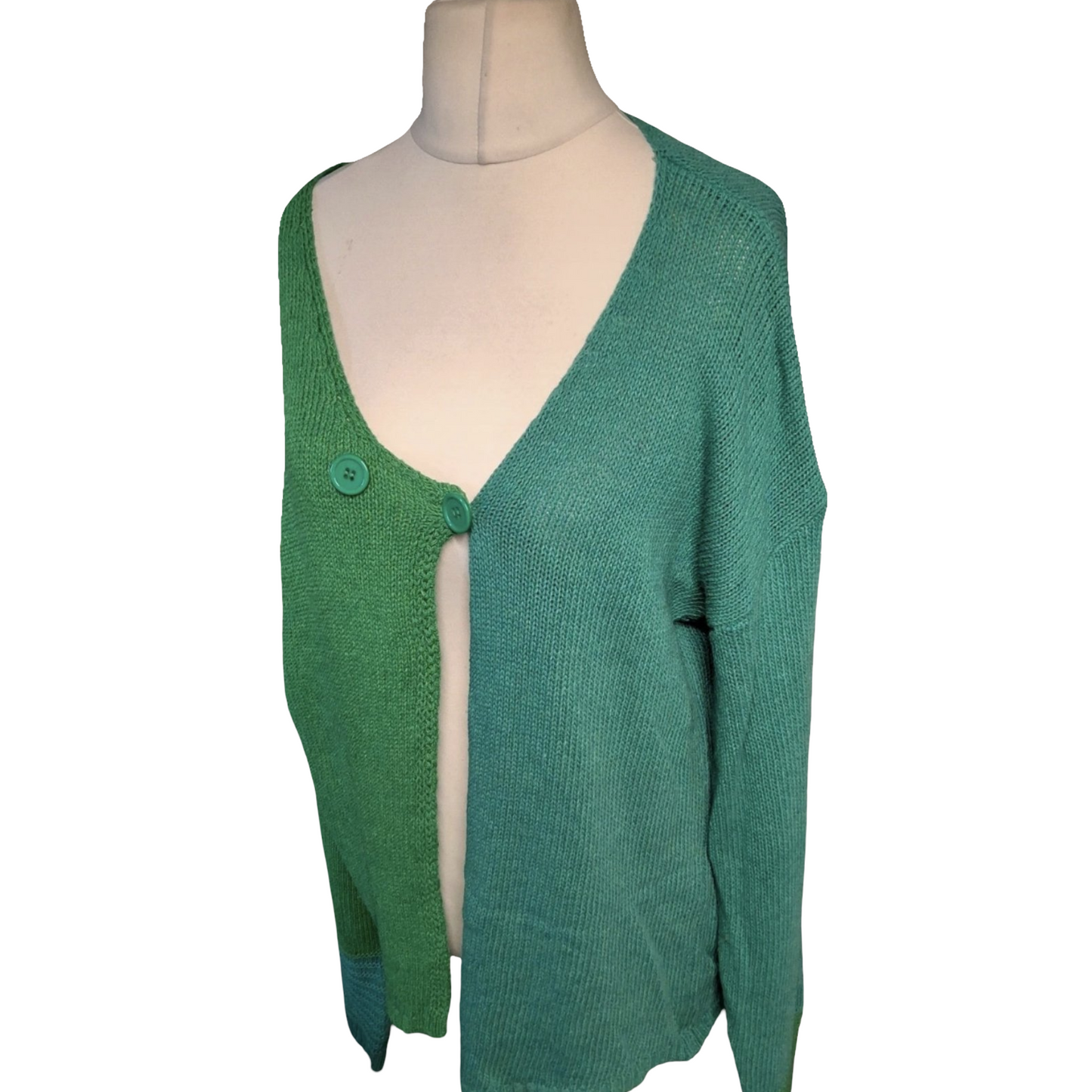 Handmade Green Colour Block Knit Cardigan – Relaxed Fit, Button Close