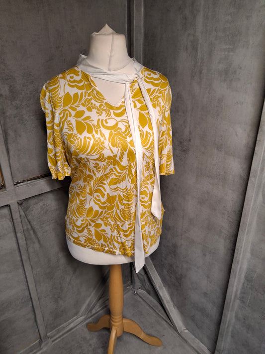 M&S Mustard & White Print Tie-Neck Top – Size 12