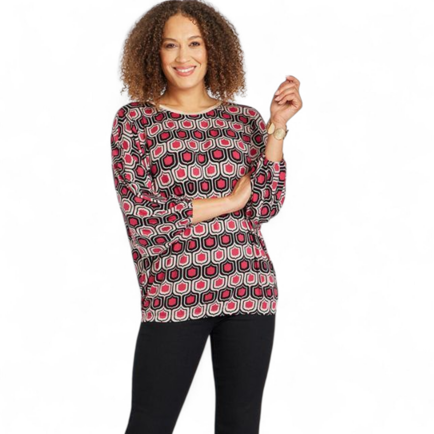 Bonmarché Pink, Black & Beige Patterned Top – Gold Trim, Batwing Sleeves – Size 12