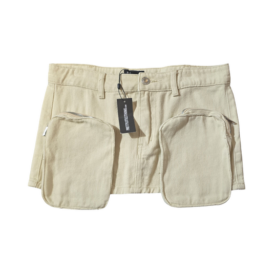 PrettyLittleThing Beige Denim Miniskirt | Size 8 UK | New With Tags | Zipped Pockets | 27" Length