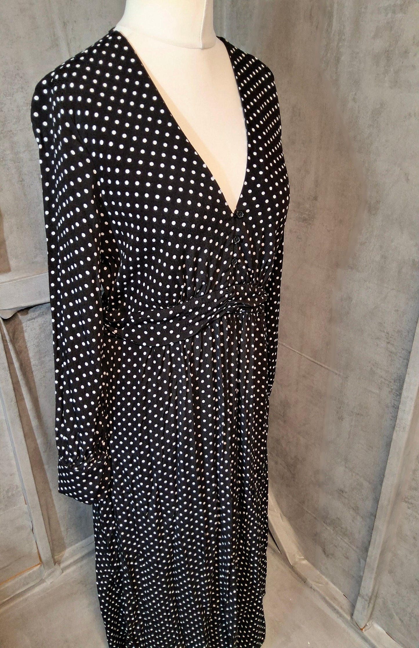 Mango Black & White Polka Dot Midi/Long Dress – V Neck – Size L (UK size 12)