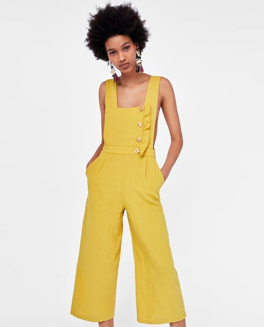 Zara Yellow Cropped Dungaree Jumpsuit | Linen Blend | Size L (UK size 12/14)