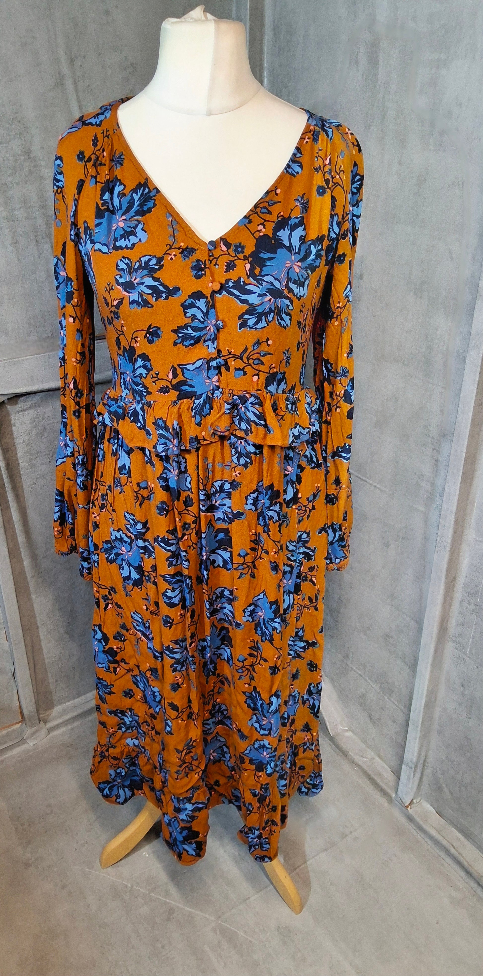 Oliver Bonas Boho Autumn Floral Midi Dress – Orange & Blue – UK 10