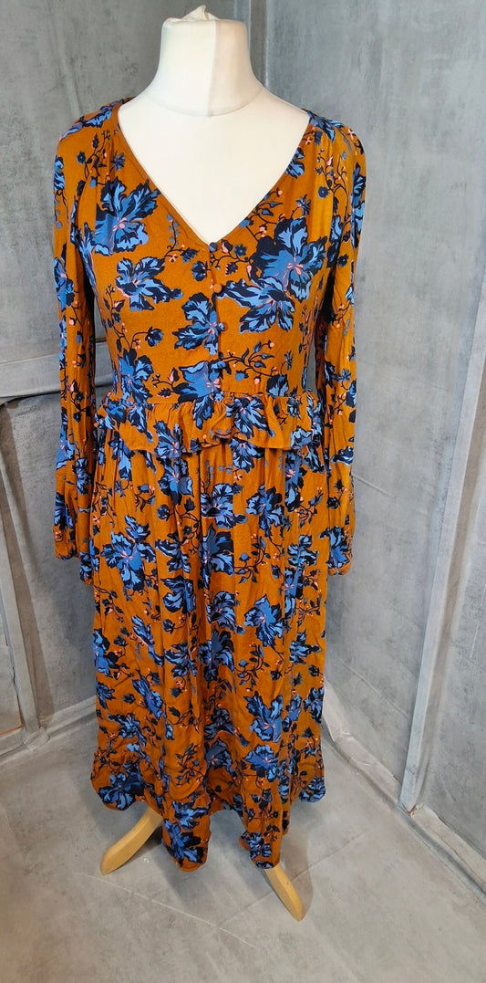 Oliver Bonas Boho Autumn Floral Midi Dress – Orange & Blue – UK 10