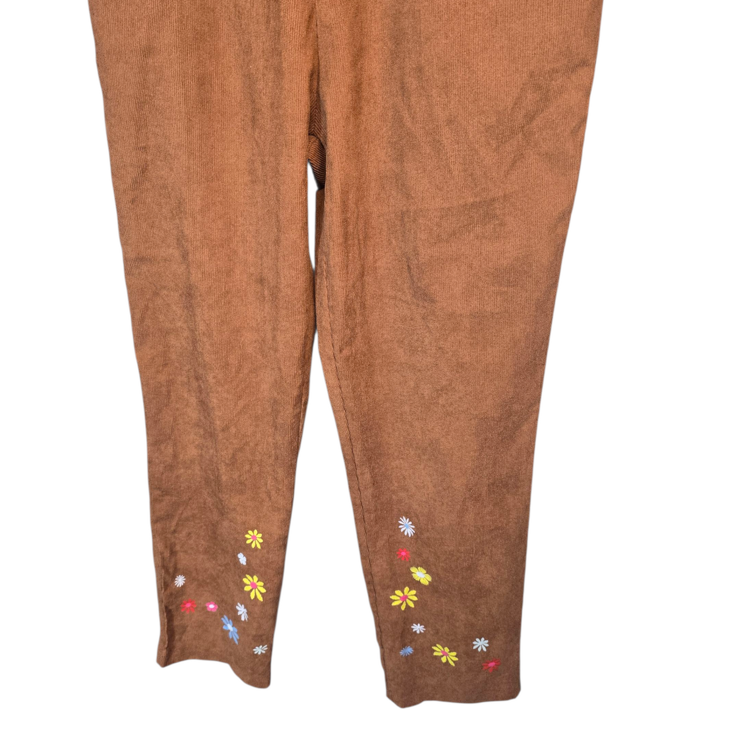 Romwe Brown Cord High-Waisted Straight Leg Trousers – Floral Embroidery – Size M (UK size 10)