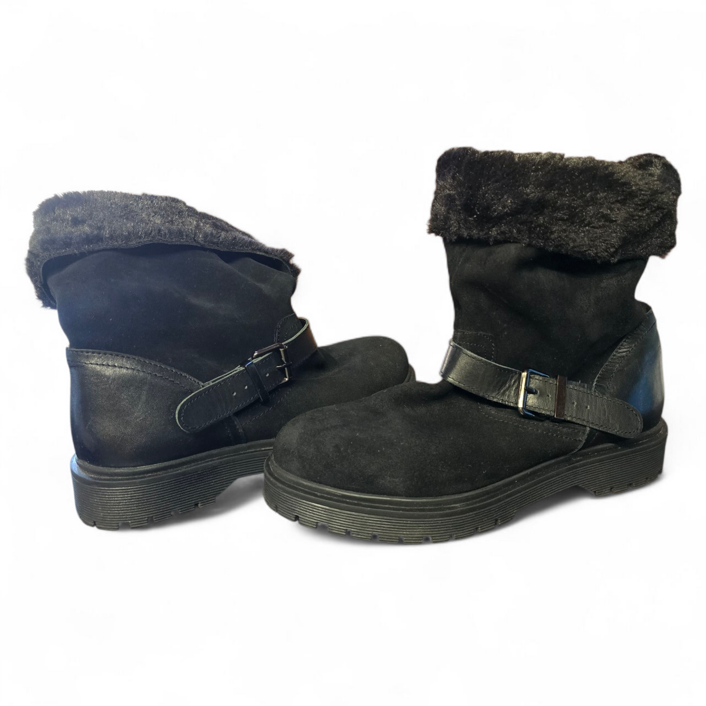Next Black Faux Fur Ankle Boots – Size 7 – Leather & Suede Mix with Buckle Detail