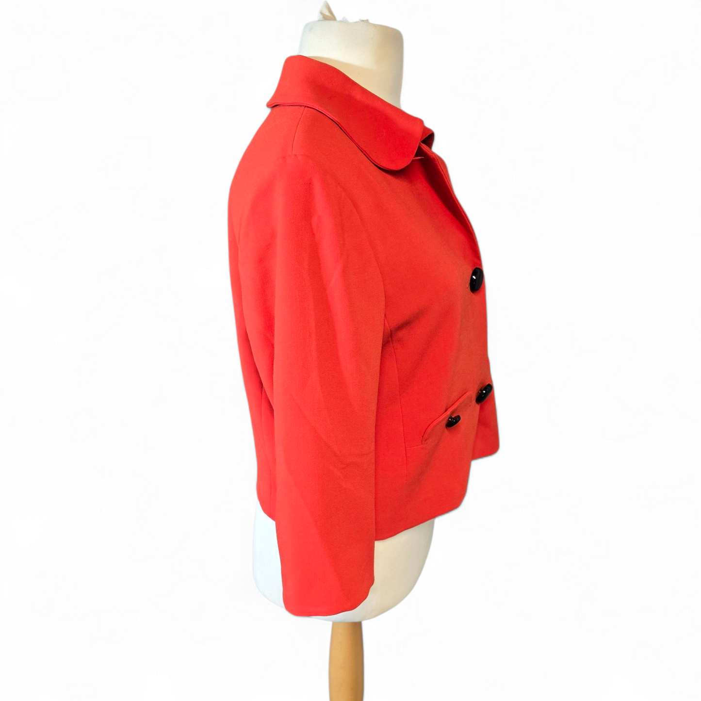 Debenhams Red Cropped Blazer – Size 14 – 3/4 Sleeve with Black Buttons