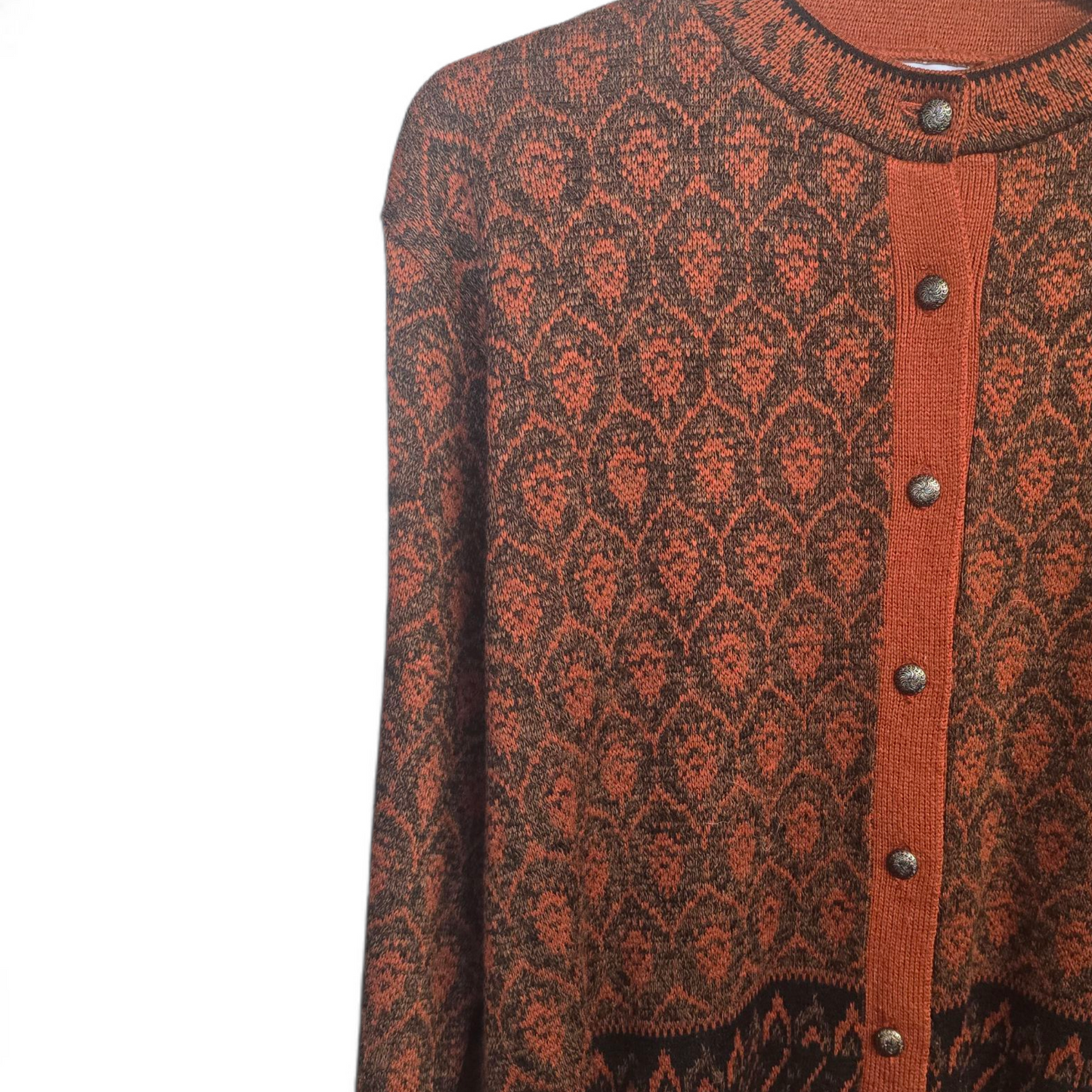 Vintage 1980s Motives Brown & Orange Patterned Knit Cardigan – UK 20/22