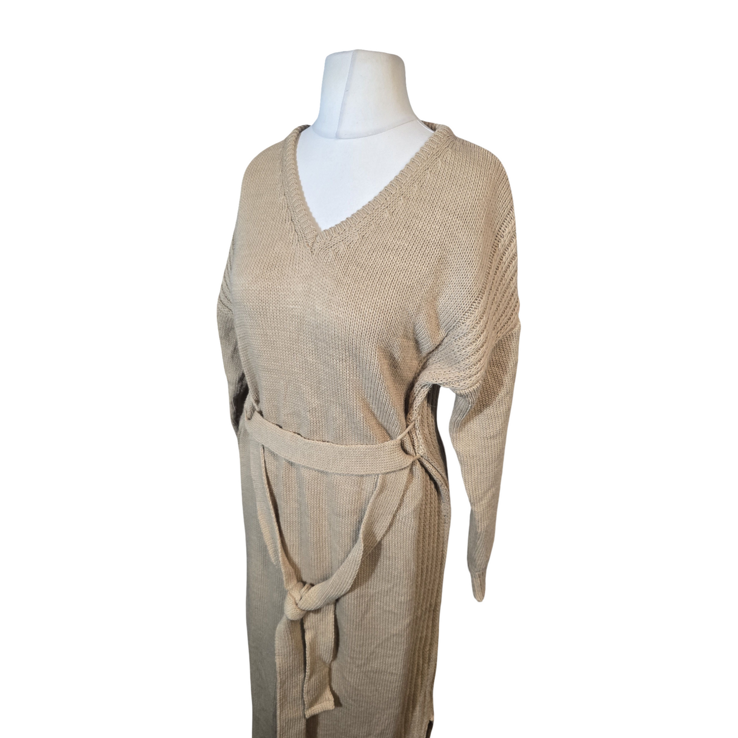 Boohoo Beige Midi Jumper Dress – Belted – Side Slits – Size 12 – Acrylic Knit