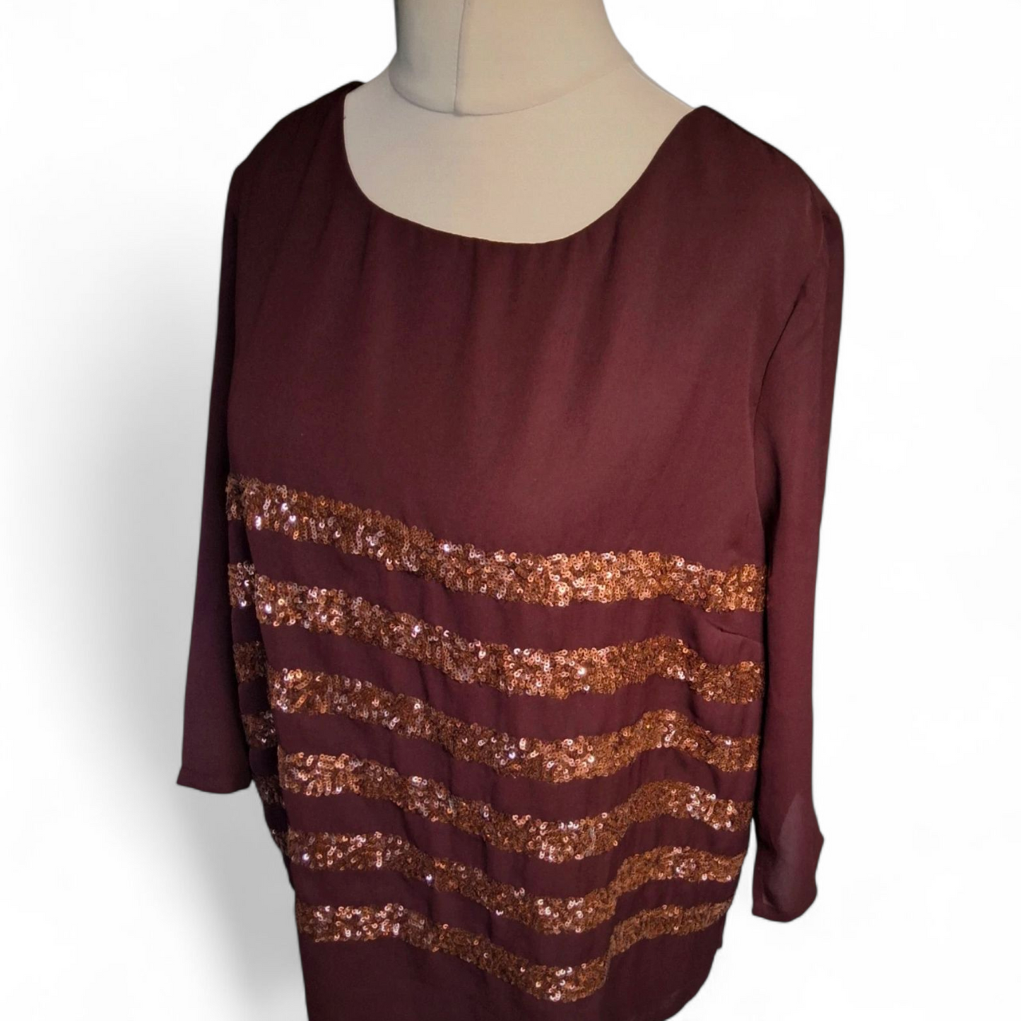 Dickens & Jones Burgundy & Bronze Sequin Top – Size 16 – Sheer Sleeves