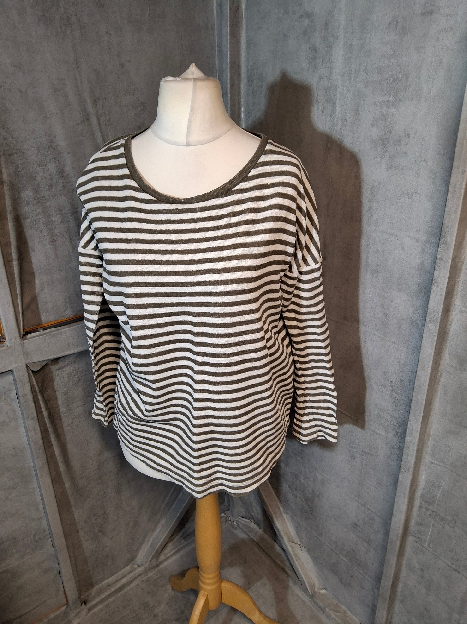 Next Green & White Striped Flannel-Style T-Shirt – Size 8 – Cotton/Nylon – Relaxed Fit
