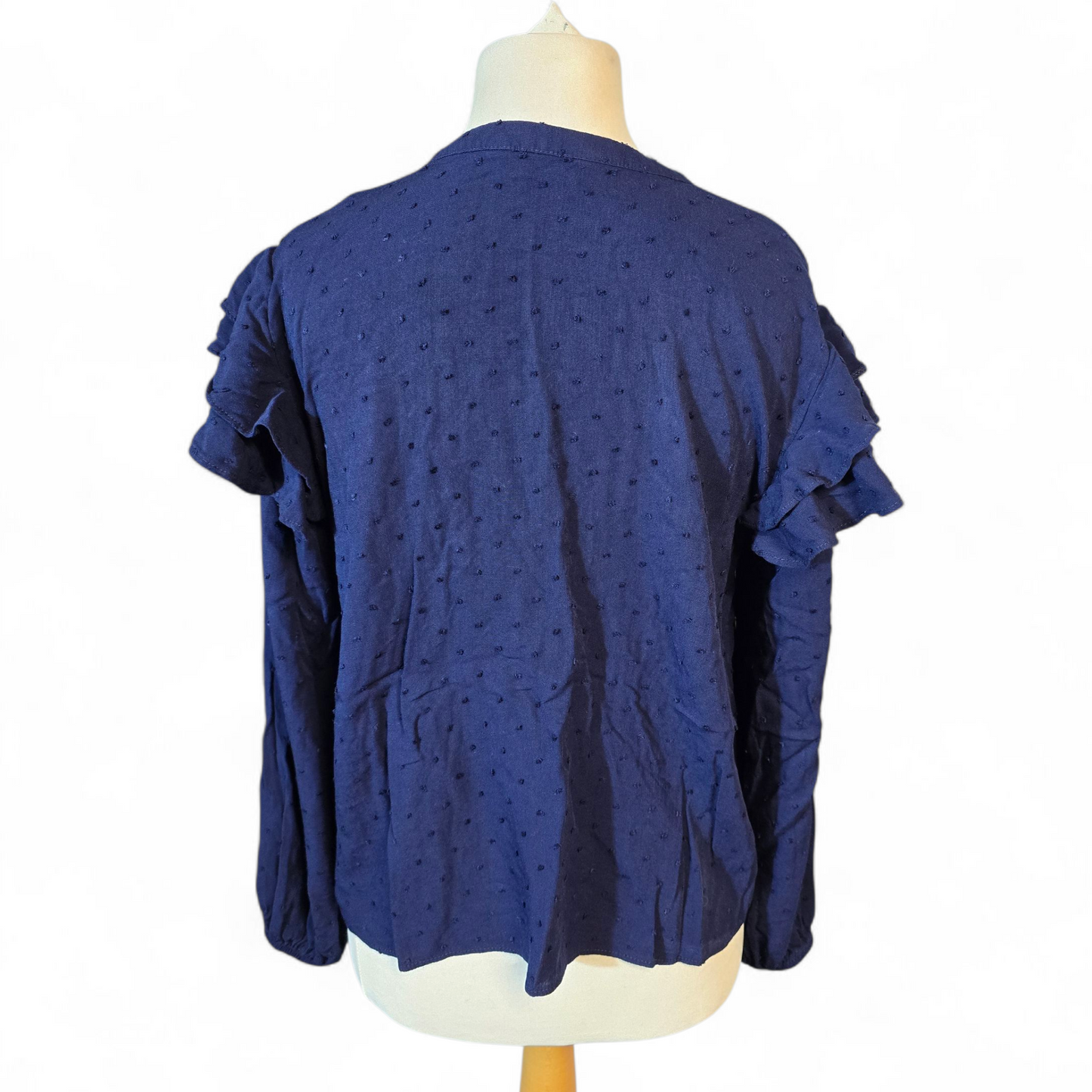 F&F Navy Frilly Embossed Blouse – V-Neck, Size 12