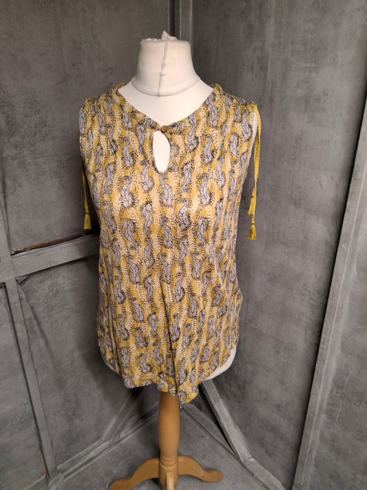 White Stuff 100% Linen Sleeveless Seahorse Print Top – Size 10 – Tassel Detail & Pointed Hem