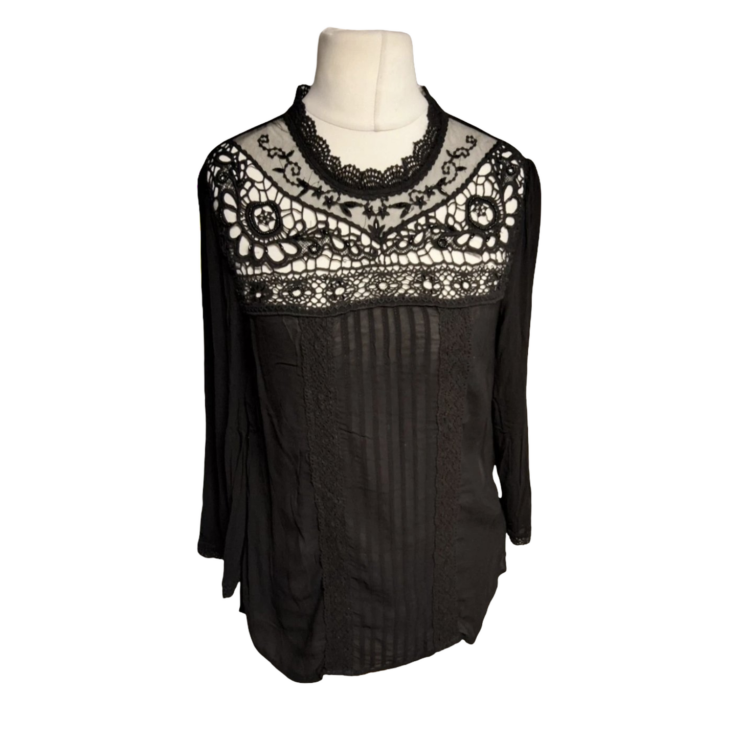 Monsoon Black Lace & Bead Blouse – Size 12 – NWT – RRP £59 – Slightly Sheer Glam