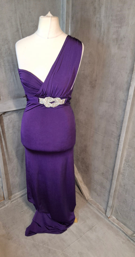 Jane Norman Cadbury Purple One Shoulder Maxi Dress – Size 10 – Belted Evening Gown