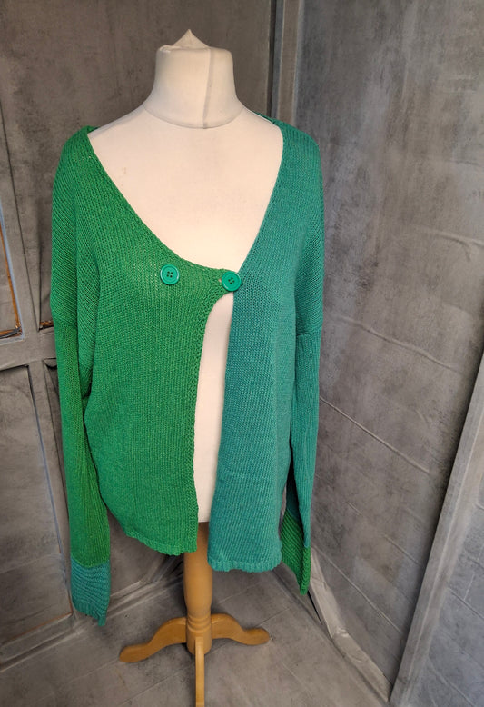 Handmade Green Colour Block Knit Cardigan – Relaxed Fit, Button Close