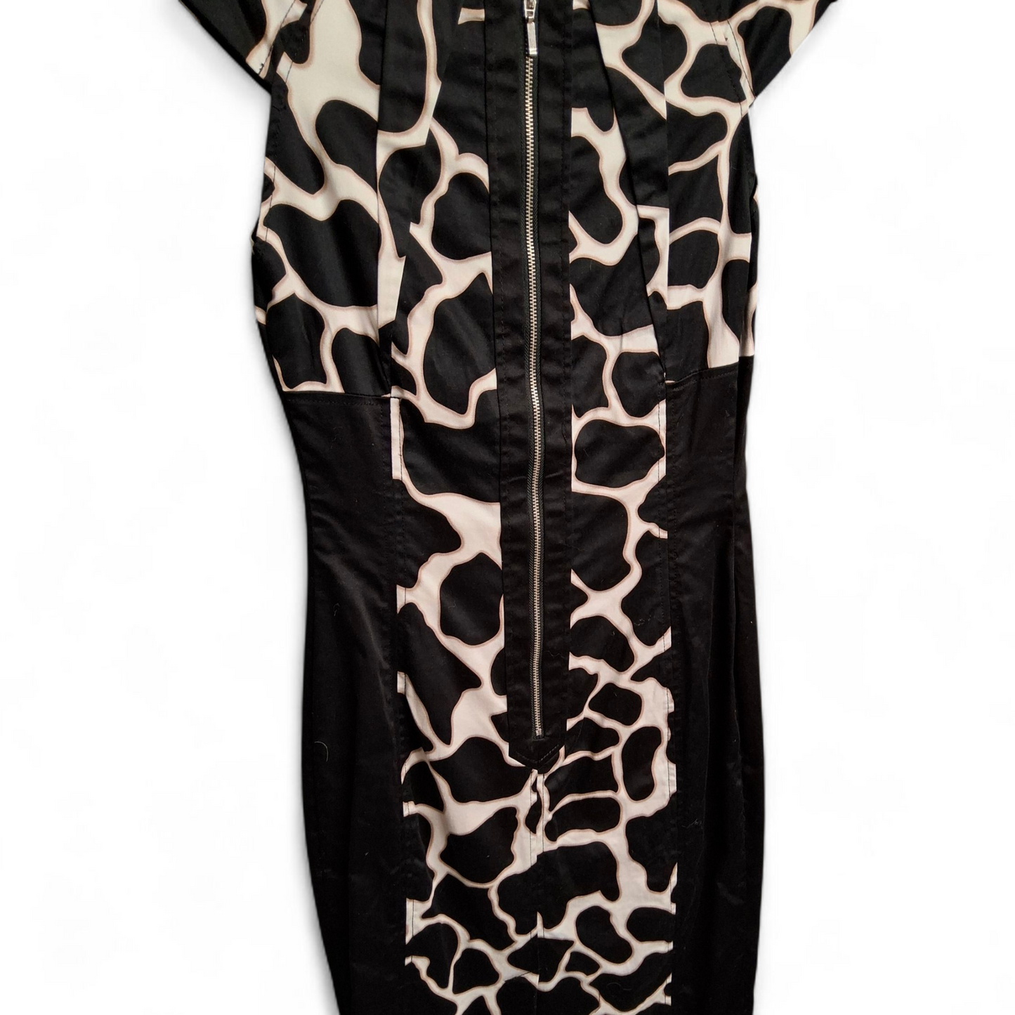 Et Vous Black & Beige Animal Print A-Line Dress – Size 8 – Cap Sleeves & Zip Back