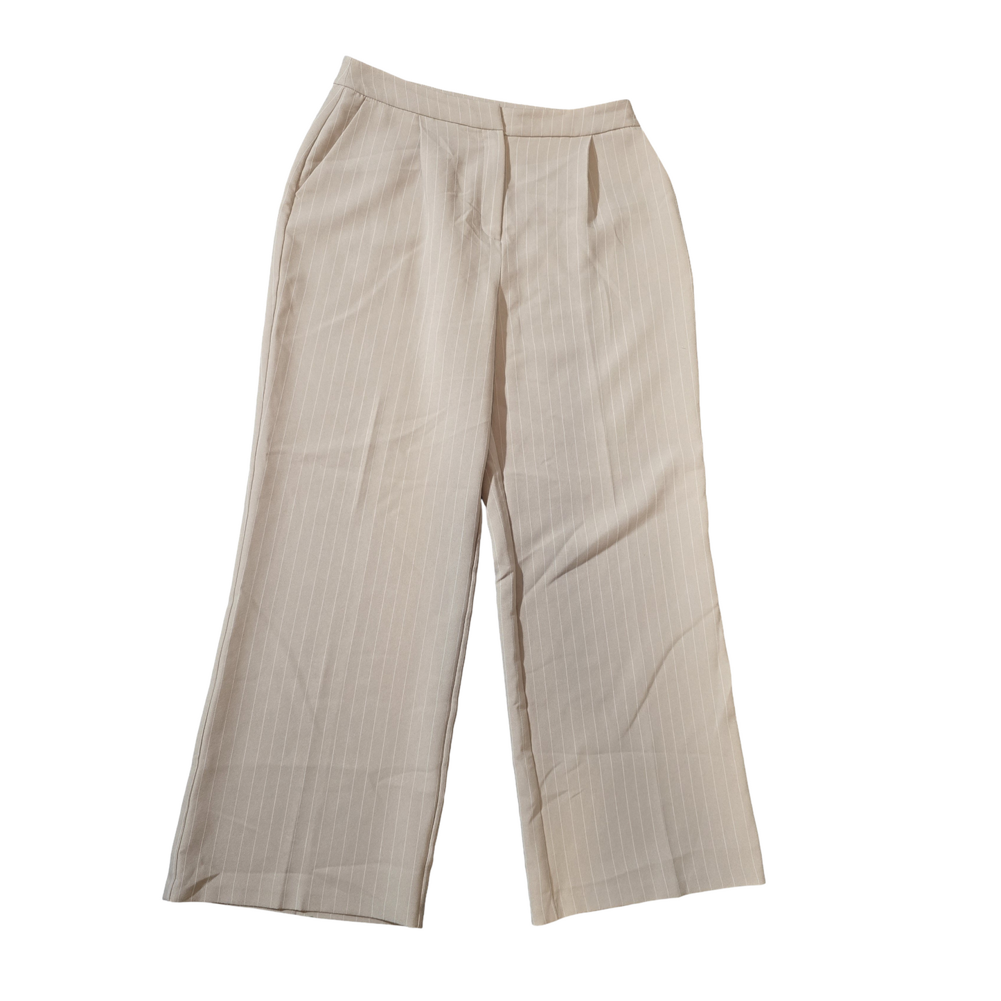 Tu Beige Pinstripe Flared Work Trousers – Size 14 Reg – High Waist & Pockets