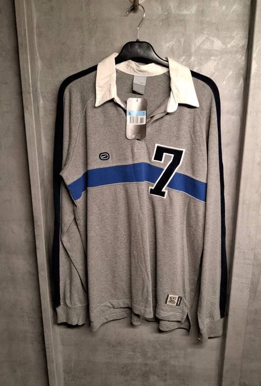 Men's Vintage Y2k Nike Athletic grey & navy long sleeved rugby top tagged