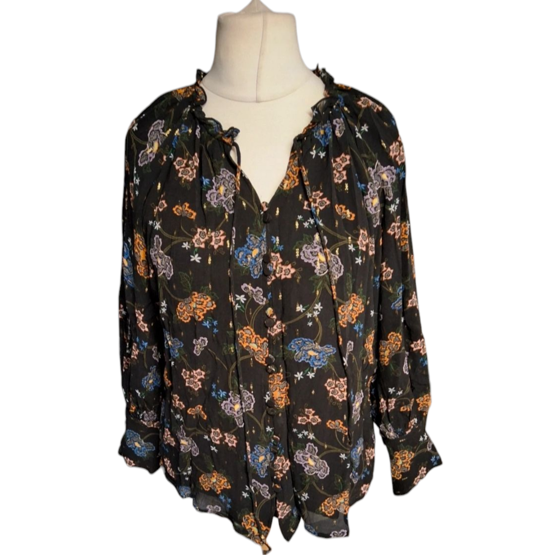 Per Una Black Floral Blouse – Size 14 – Autumn Colours, Glitter & Frill Collar