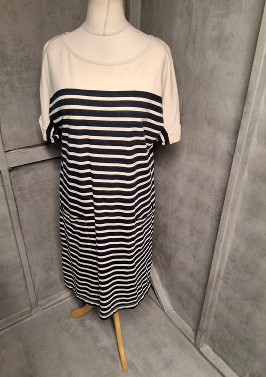 White Stuff Navy & White Stripe Cotton Midi Dress – Size 12