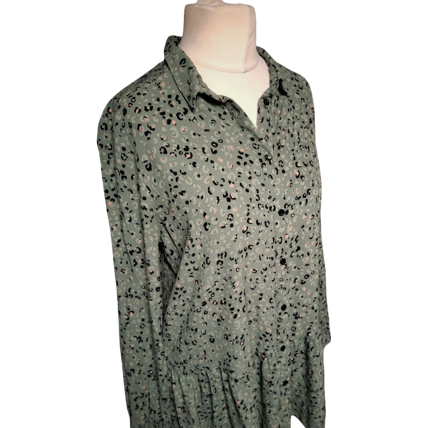 Reserved YFL Khaki Green Animal Print Shirt – Frill Hem – Size 12 – Button Front