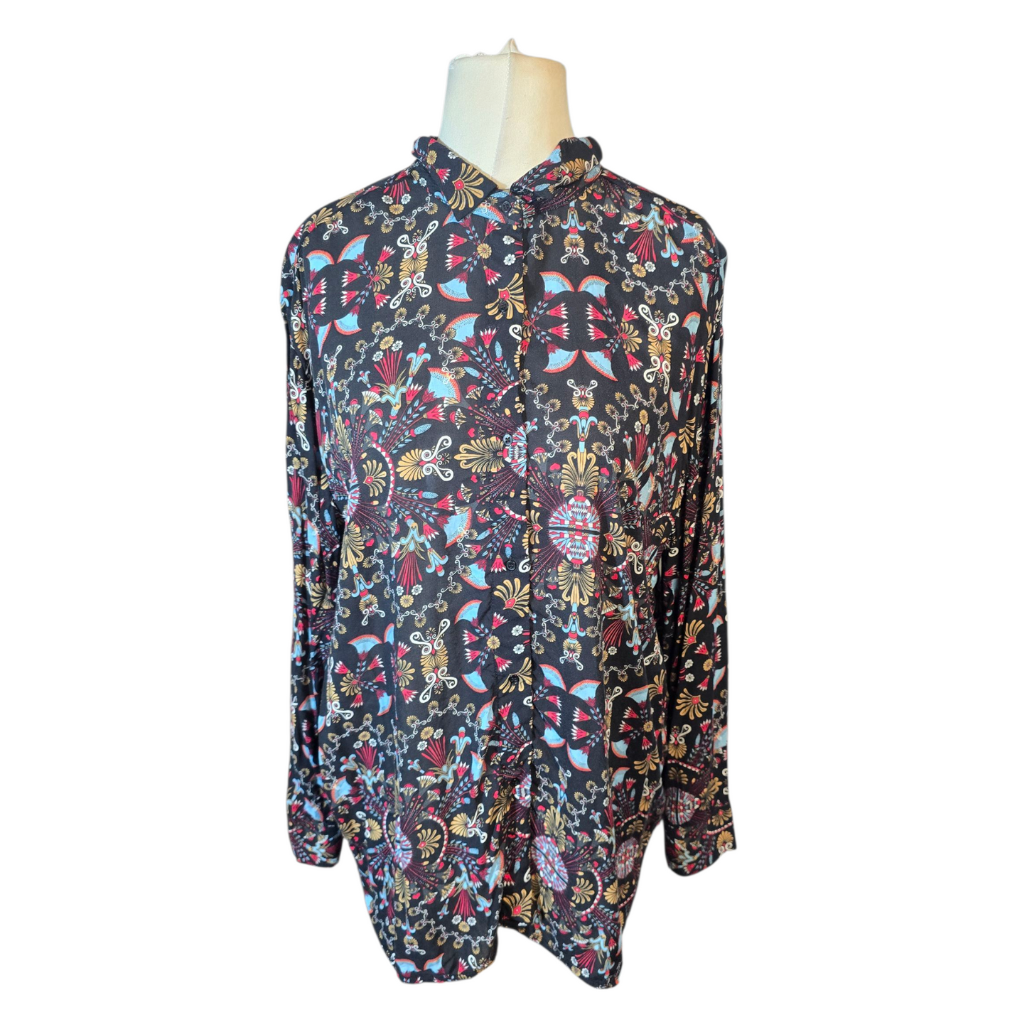 Mango Black Multicoloured Patterned Shirt – Long Sleeve, Size L (UK size 12)
