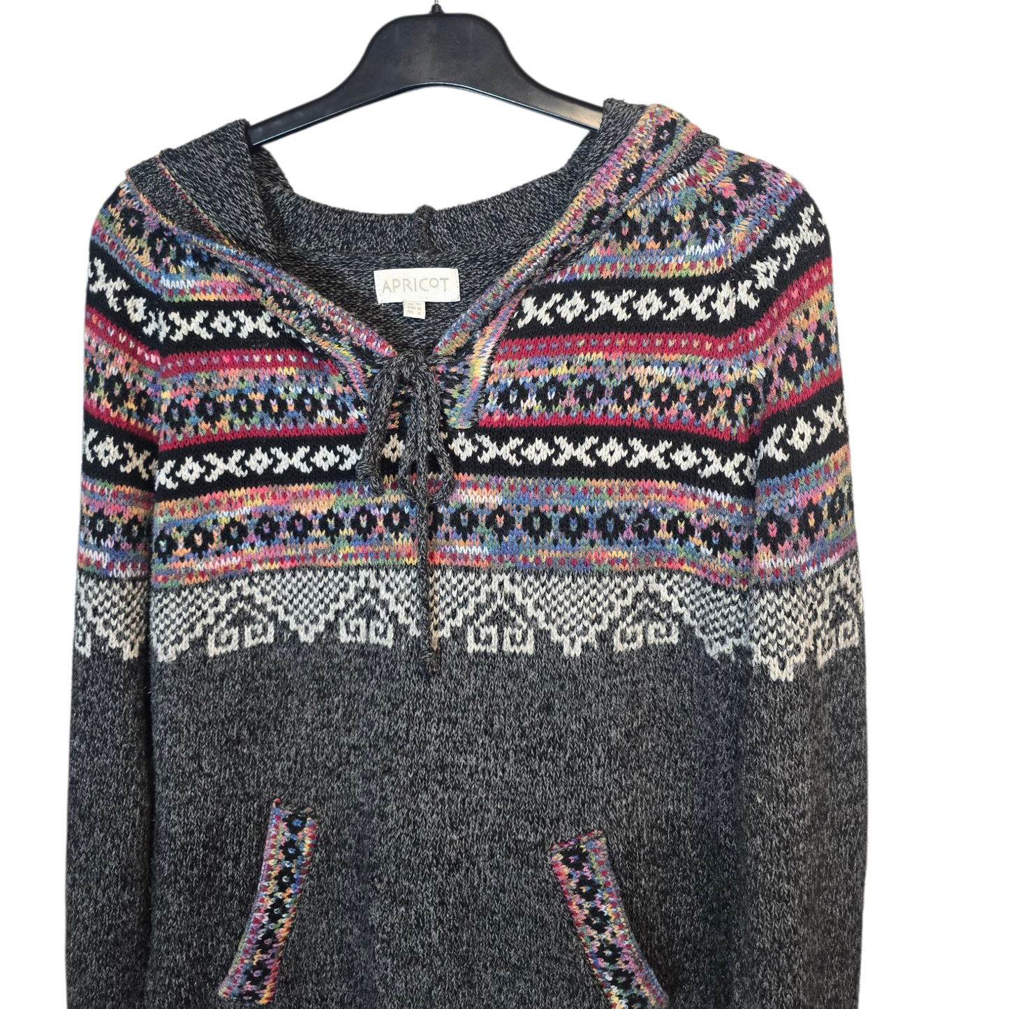 Apricot Grey & Multicolour Knitted Pattern Hoodie – Tie Front – Pockets – Size 12