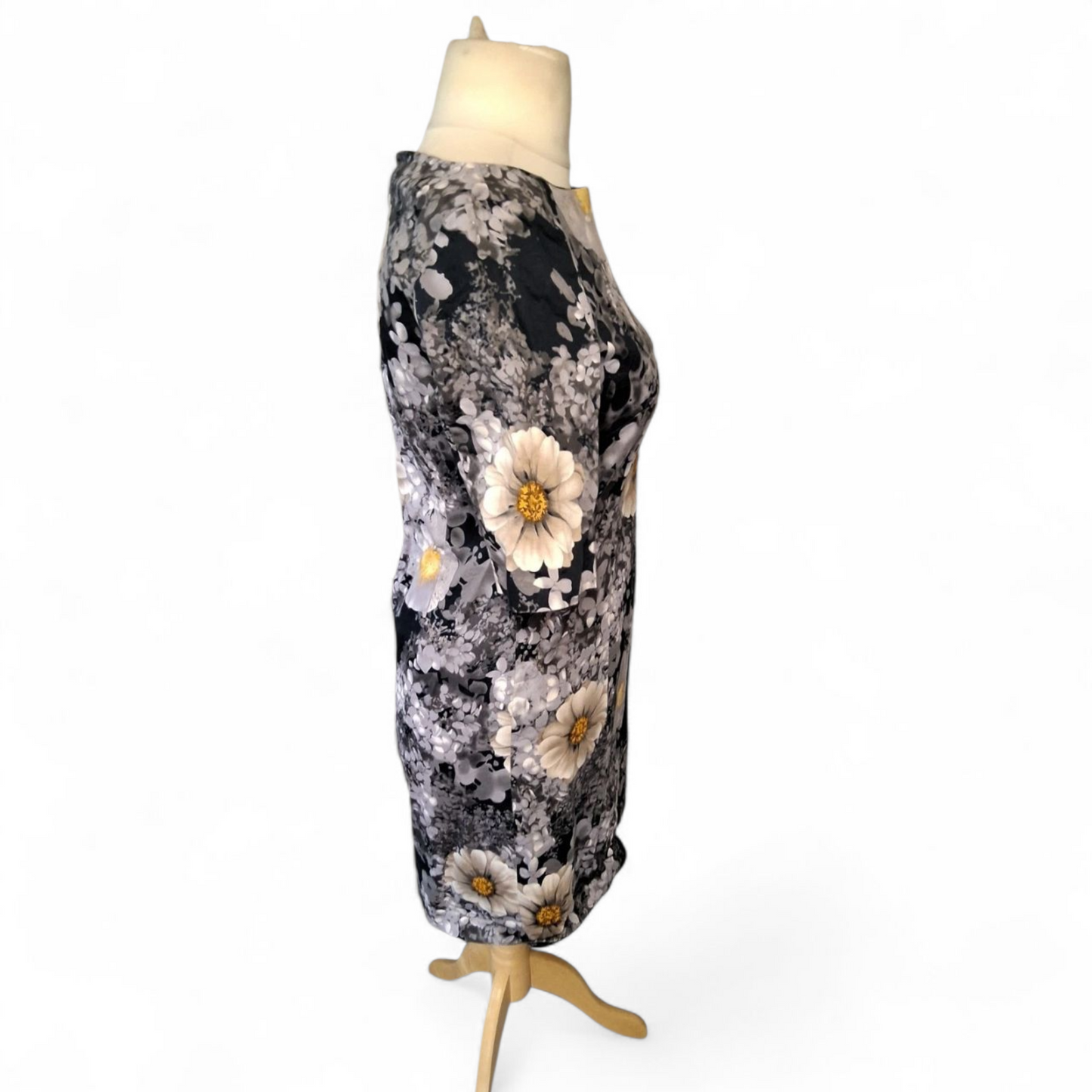 BCBGMAXAZRIA Navy, Grey & Yellow Floral Dress – Size M (UK size 10) – Zip Back