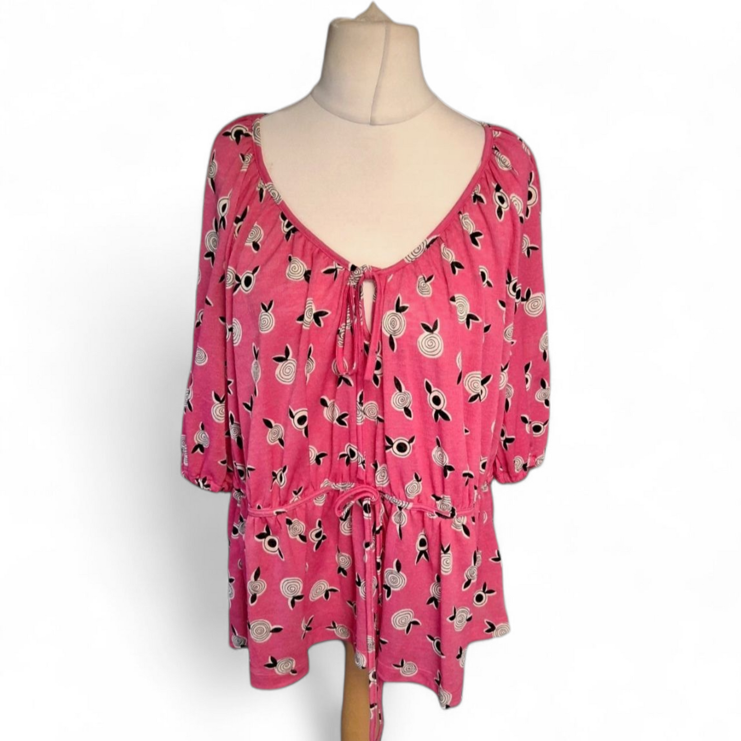 Celia Birtwell for Next Pink ¾ Sleeve Waist Tie Top – Size 18