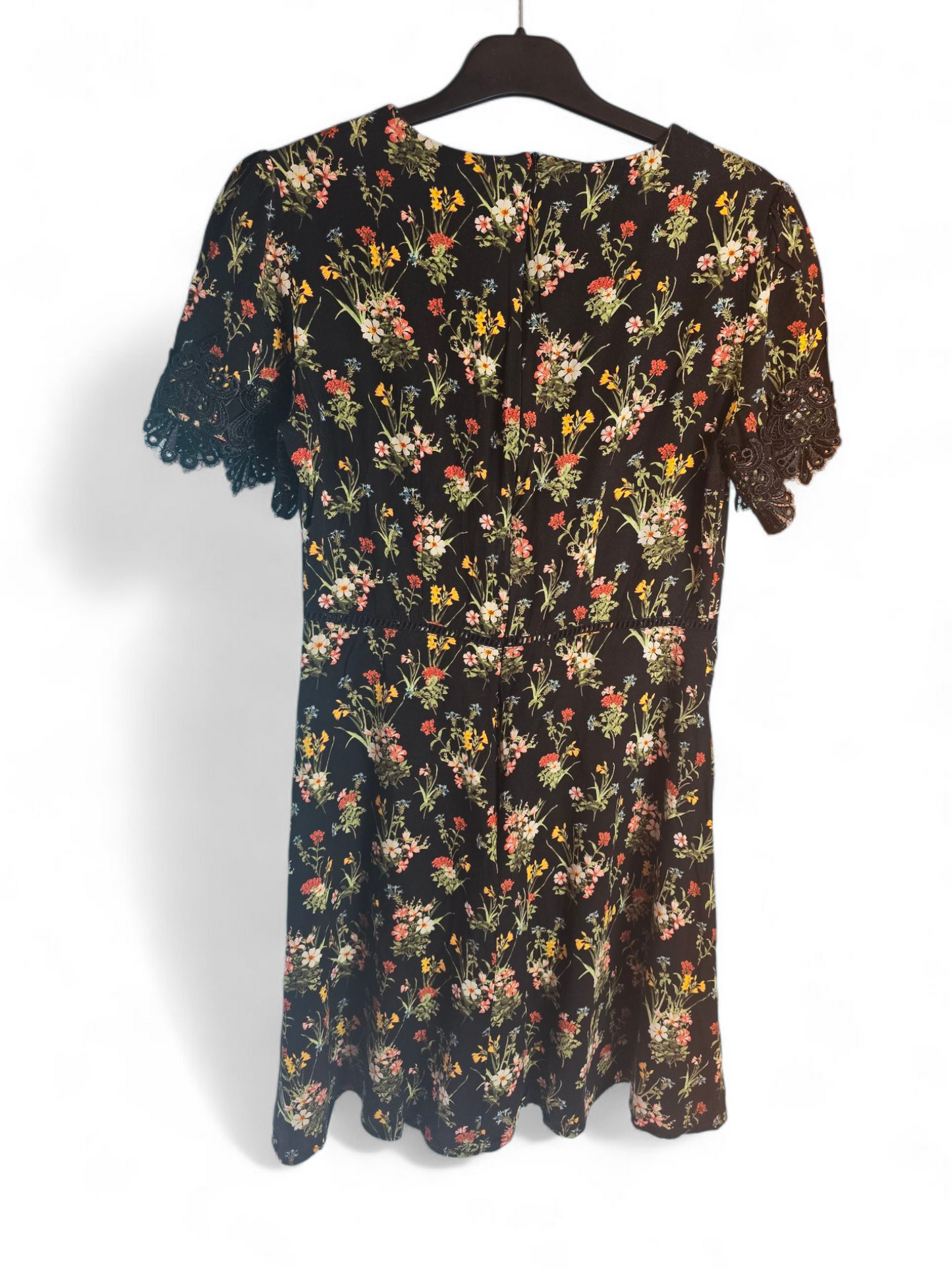 Oasis Black Floral Knee-Length Dress Size 10 – Lace Sleeves, Round Neck, Zip Back, 100% Viscose
