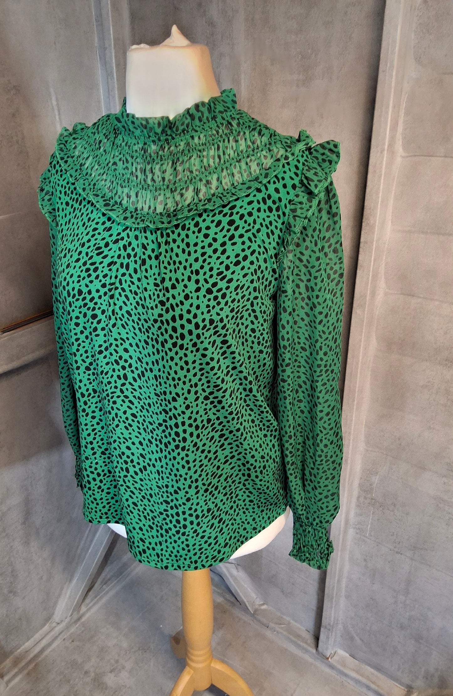 Lipsy Love & Roses Green Leopard Print Blouse – Sheer Sleeves, High Neck – Size S (size 10/12)
