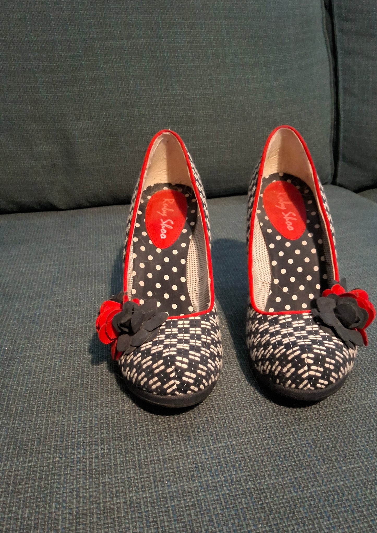 Ruby Shoo Navy White & Red Knit Design Block Heel Shoes – UK 5 – 9cm Heel