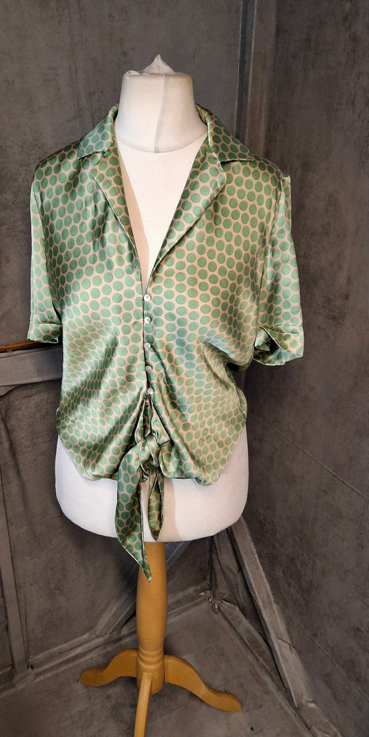 Mango Green & Beige Polka Dot Silky Blouse – Size M (UK 10/12)
