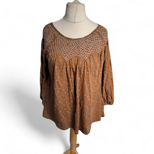 FatFace Brown Floral ¾ Sleeve Top – Size 14 – 100% Cotton