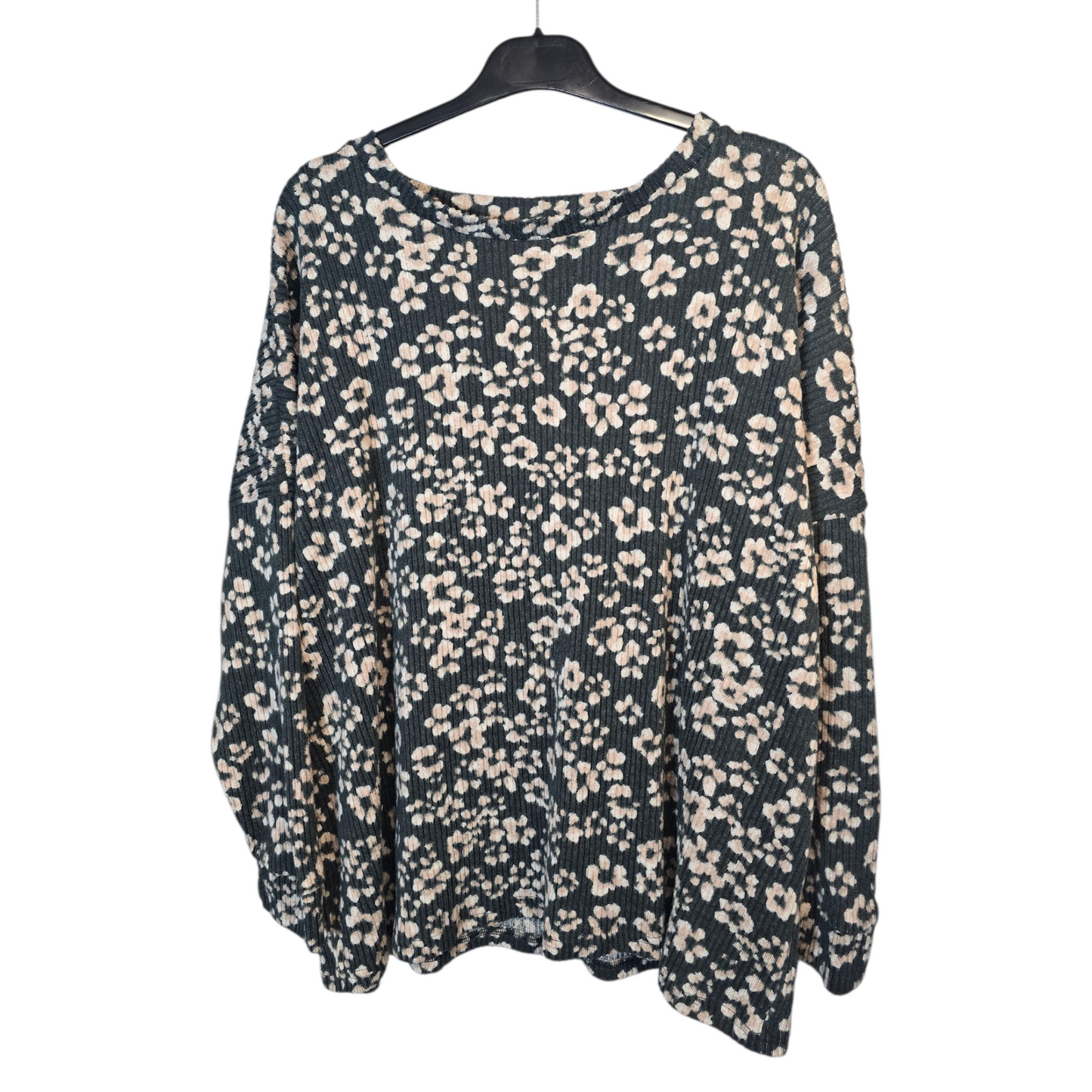 Nutmeg Green & Pale Pink Floral Ribbed Fleeced Jumper – Size 22 – Cosy & Relaxed