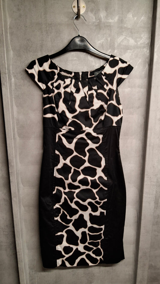 Et Vous Black & Beige Animal Print A-Line Dress – Size 8 – Cap Sleeves & Zip Back