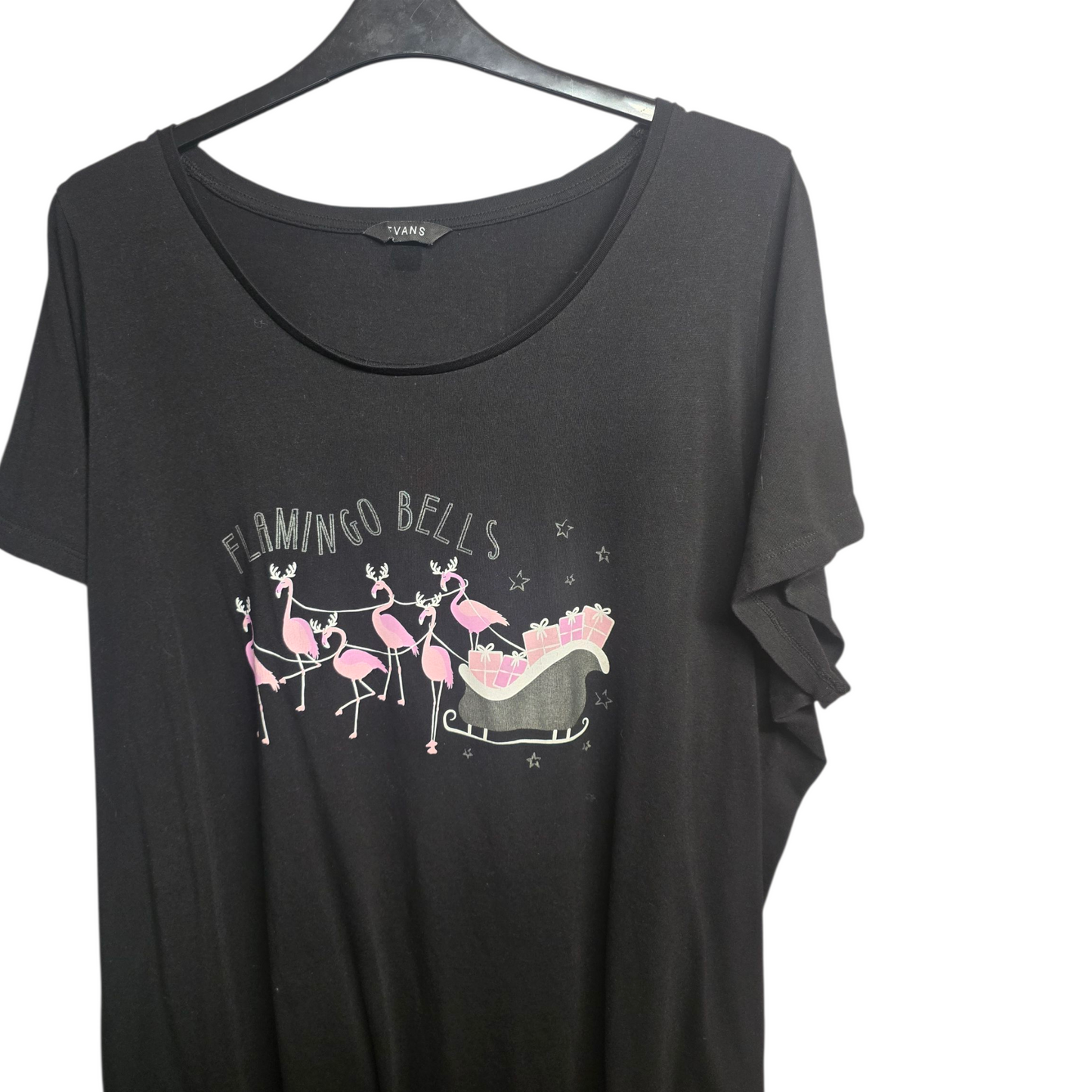 Evans Black Christmas T-Shirt Dress – Flamingo Bells Print – Size 26 – Short Sleeve